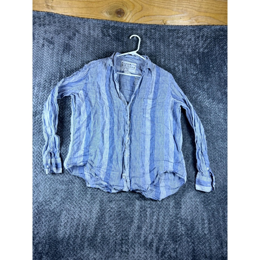 Frank & Eileen Linen Shirt Womens Small Blue White Striped Eileen Button Up
